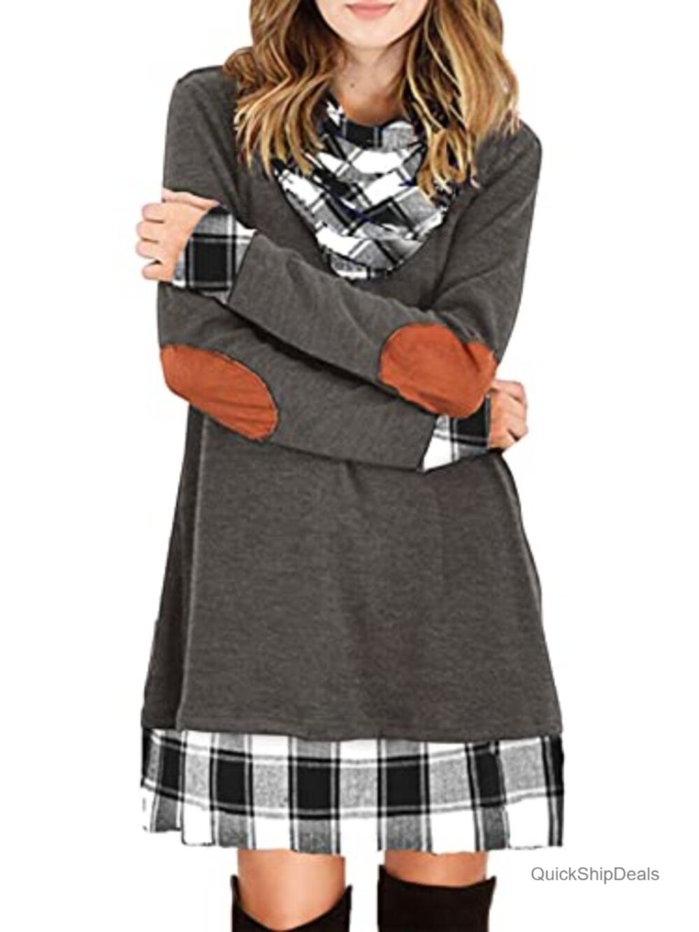 Cowl Neck Plaid Flannel Tunic Sweater Dress Long Sleeve Mini